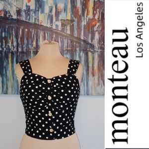 Monteau LA Linen Blend Smock Back Crop Top, Polka Dots, Black